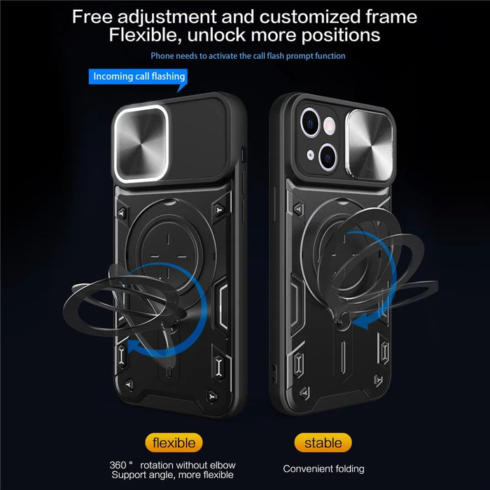 For iPhone 13 6.1 inch Slide Camera Guard Phone Case PC+TPU Drop-proof Cover with Rotating Kickstand - Black - 2