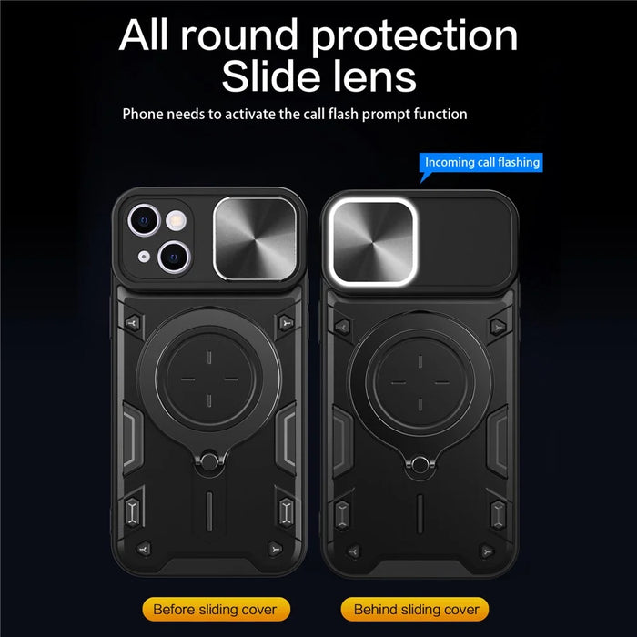 For iPhone 13 6.1 inch Slide Camera Guard Phone Case PC+TPU Drop-proof Cover with Rotating Kickstand - Black - 4