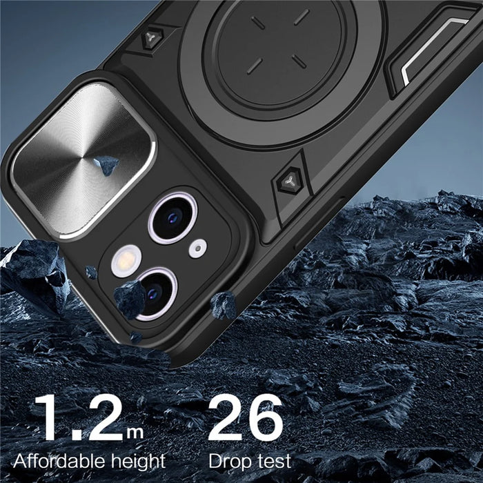 For iPhone 13 6.1 inch Slide Camera Guard Phone Case PC+TPU Drop-proof Cover with Rotating Kickstand - Black - 5