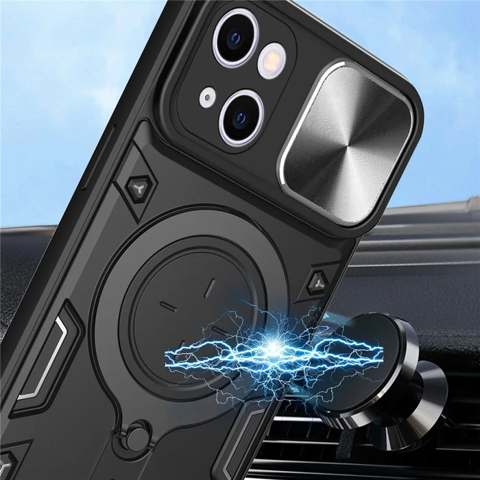 For iPhone 13 6.1 inch Slide Camera Guard Phone Case PC+TPU Drop-proof Cover with Rotating Kickstand - Black - 6
