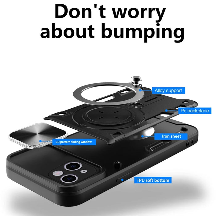 For iPhone 13 6.1 inch Slide Camera Guard Phone Case PC+TPU Drop-proof Cover with Rotating Kickstand - Black - 7