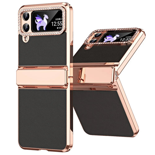 For Samsung Galaxy Z Flip4 5G Hinge Protection Phone Case PU Leather+PC Electroplating Cover - Black - 1