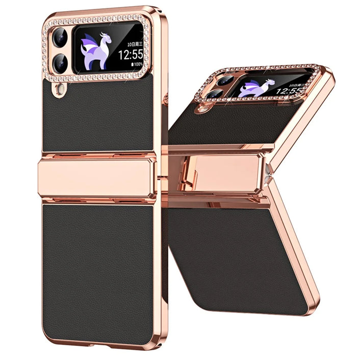 For Samsung Galaxy Z Flip4 5G Hinge Protection Phone Case PU Leather+PC Electroplating Cover - Black - 1