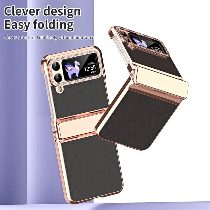 For Samsung Galaxy Z Flip4 5G Hinge Protection Phone Case PU Leather+PC Electroplating Cover - Black - 5