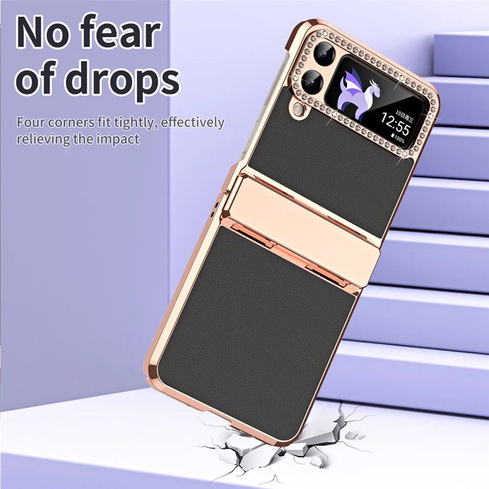 For Samsung Galaxy Z Flip4 5G Hinge Protection Phone Case PU Leather+PC Electroplating Cover - Black - 7