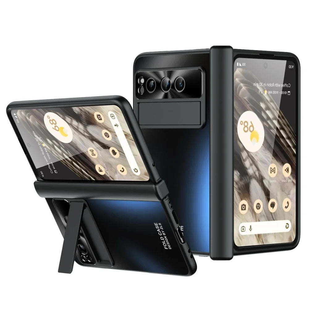For Google Pixel Fold Kickstand Phone Case Hinge Protection  Hard PC Cover with Tempered Glass Screen Film - Black - 1