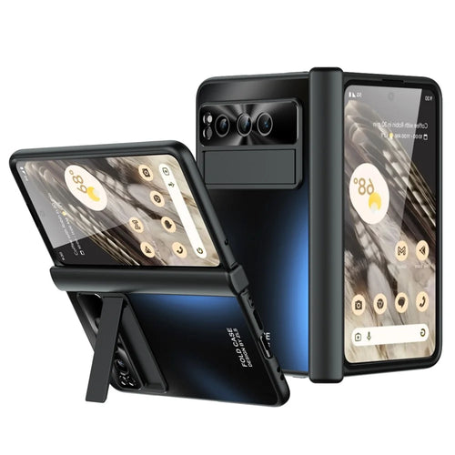 For Google Pixel Fold Kickstand Phone Case Hinge Protection  Hard PC Cover with Tempered Glass Screen Film - Black - 1