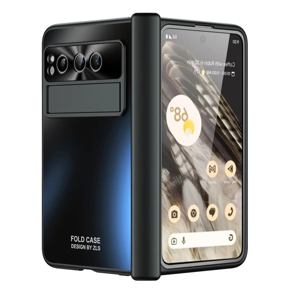 For Google Pixel Fold Kickstand Phone Case Hinge Protection  Hard PC Cover with Tempered Glass Screen Film - Black - 2