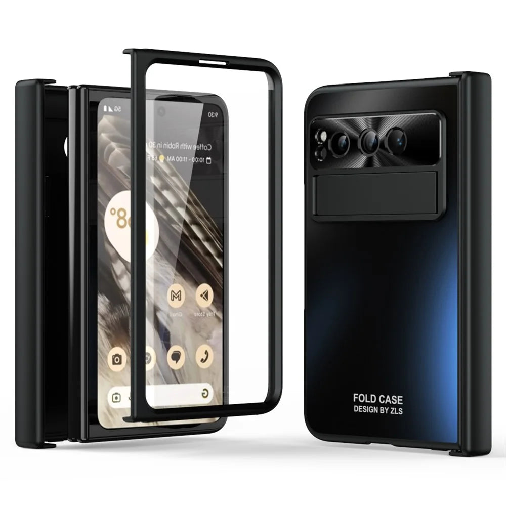 For Google Pixel Fold Kickstand Phone Case Hinge Protection  Hard PC Cover with Tempered Glass Screen Film - Black - 3