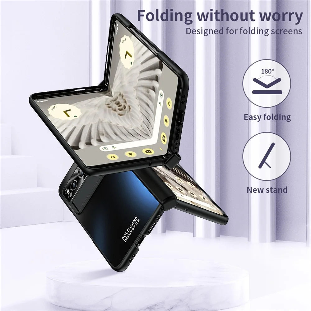 For Google Pixel Fold Kickstand Phone Case Hinge Protection  Hard PC Cover with Tempered Glass Screen Film - Black - 4