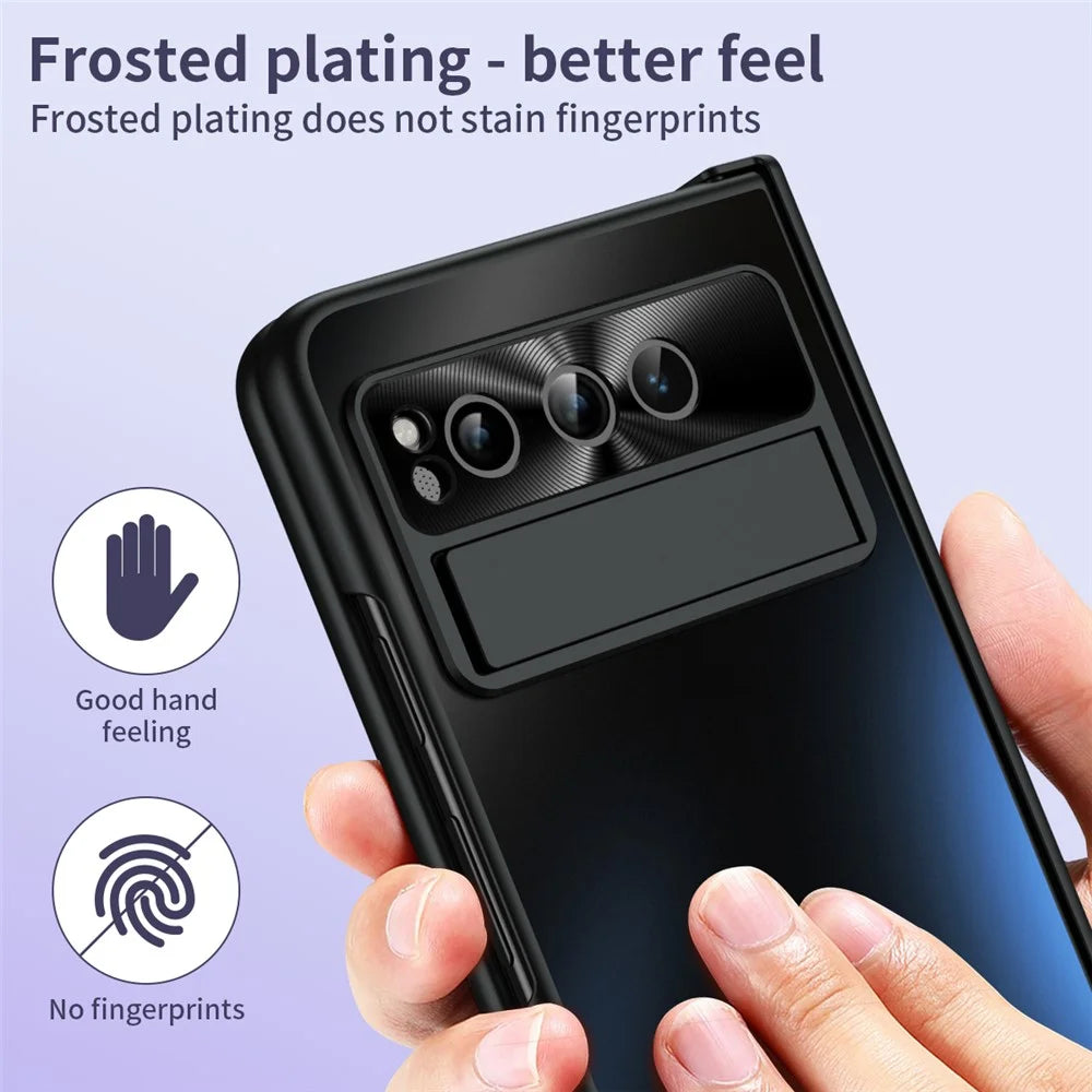 For Google Pixel Fold Kickstand Phone Case Hinge Protection  Hard PC Cover with Tempered Glass Screen Film - Black - 5