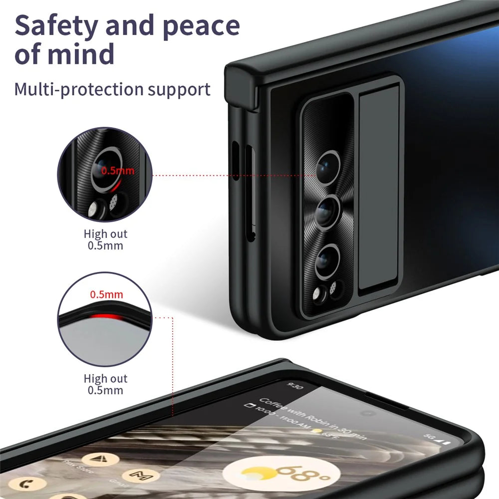 For Google Pixel Fold Kickstand Phone Case Hinge Protection  Hard PC Cover with Tempered Glass Screen Film - Black - 6