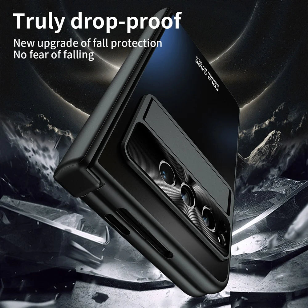 For Google Pixel Fold Kickstand Phone Case Hinge Protection  Hard PC Cover with Tempered Glass Screen Film - Black - 7