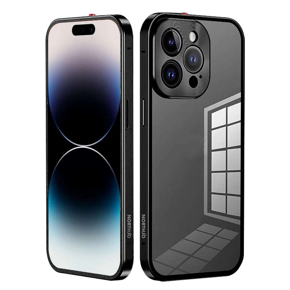 NORTHJO For iPhone 14 Pro Safety Lock Phone Case Aluminum Alloy Frame+Tempered Glass Double Sided Protection Cover - Black - 1