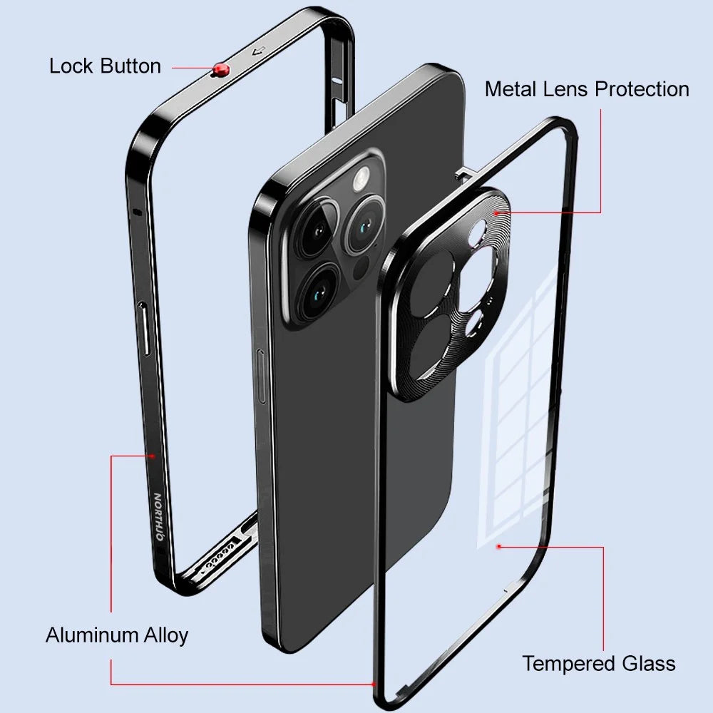NORTHJO For iPhone 14 Pro Safety Lock Phone Case Aluminum Alloy Frame+Tempered Glass Double Sided Protection Cover - Black - 3