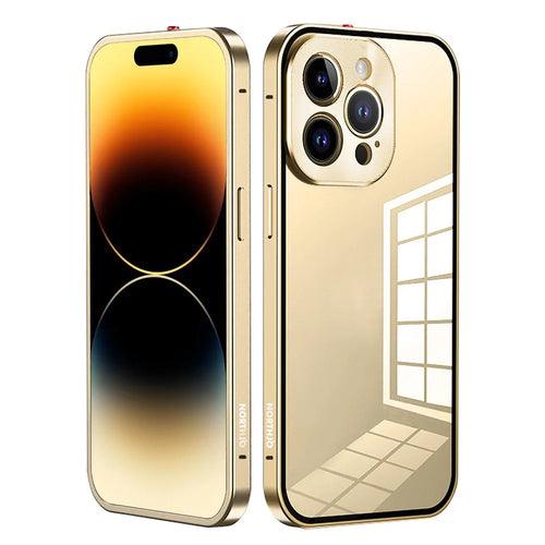 NORTHJO For iPhone 14 Pro Max Aluminum Alloy Frame+Tempered Glass Back Cover Buckle Installation Protective Phone Case - Gold - 1