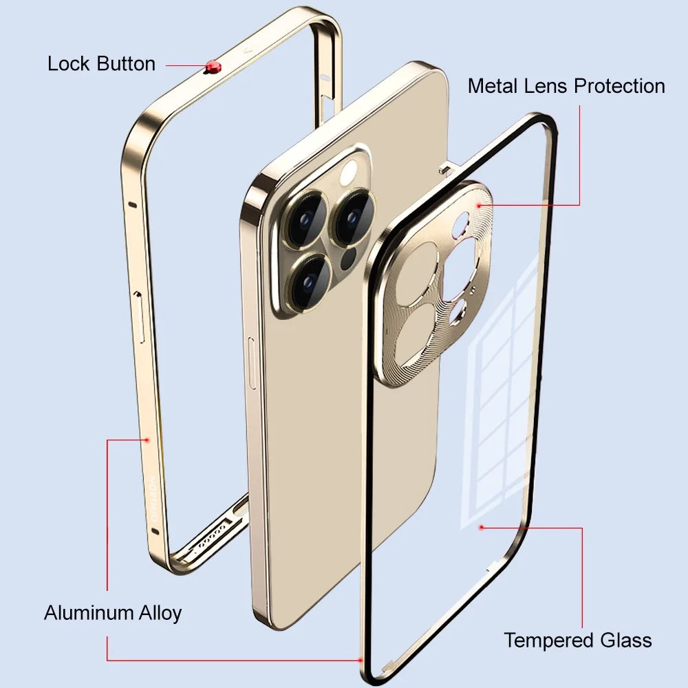 NORTHJO For iPhone 14 Pro Max Aluminum Alloy Frame+Tempered Glass Back Cover Buckle Installation Protective Phone Case - Gold - 3