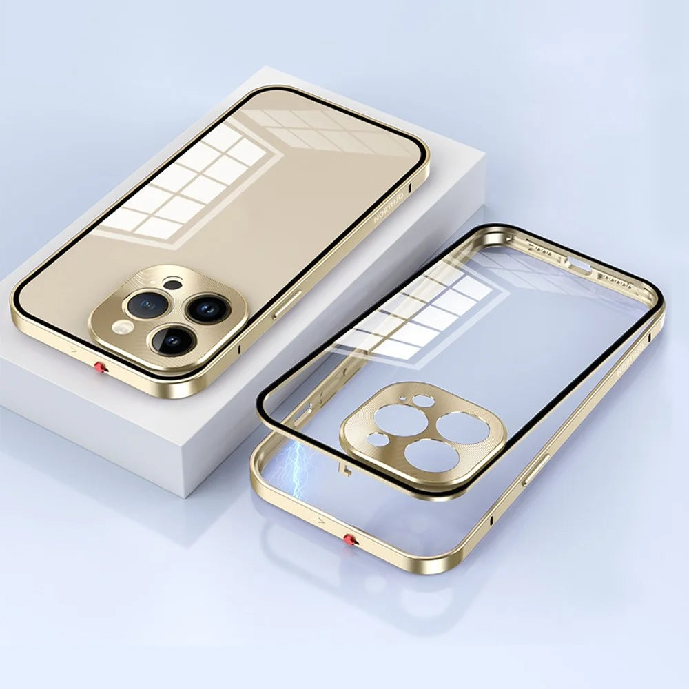 NORTHJO For iPhone 14 Pro Max Aluminum Alloy Frame+Tempered Glass Back Cover Buckle Installation Protective Phone Case - Gold - 4