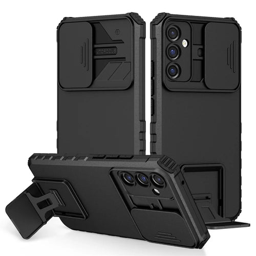 For Samsung Galaxy A34 5G Kickstand Phone Case PC + TPU Phone Protector with Slide Camera Cover - Black - 1