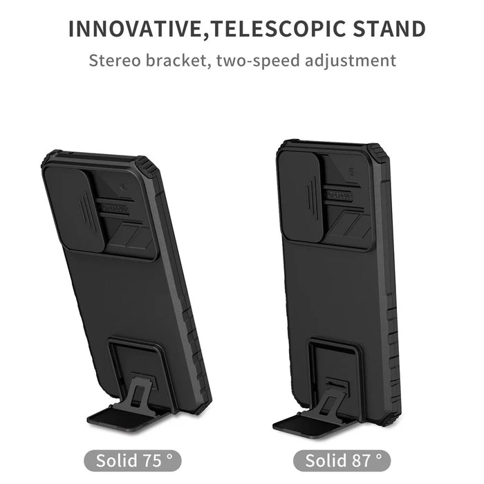For Samsung Galaxy A34 5G Kickstand Phone Case PC + TPU Phone Protector with Slide Camera Cover - Black - 3