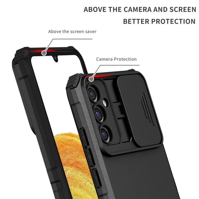 For Samsung Galaxy A34 5G Kickstand Phone Case PC + TPU Phone Protector with Slide Camera Cover - Black - 4