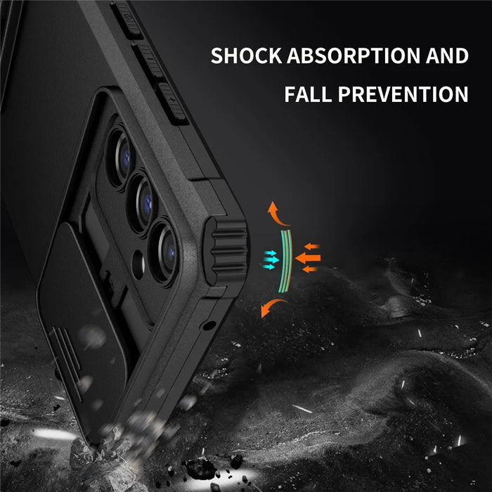 For Samsung Galaxy A34 5G Kickstand Phone Case PC + TPU Phone Protector with Slide Camera Cover - Black - 5