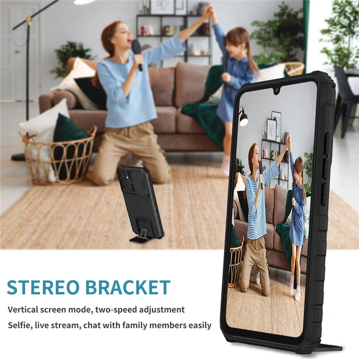 For Samsung Galaxy A34 5G Kickstand Phone Case PC + TPU Phone Protector with Slide Camera Cover - Black - 7
