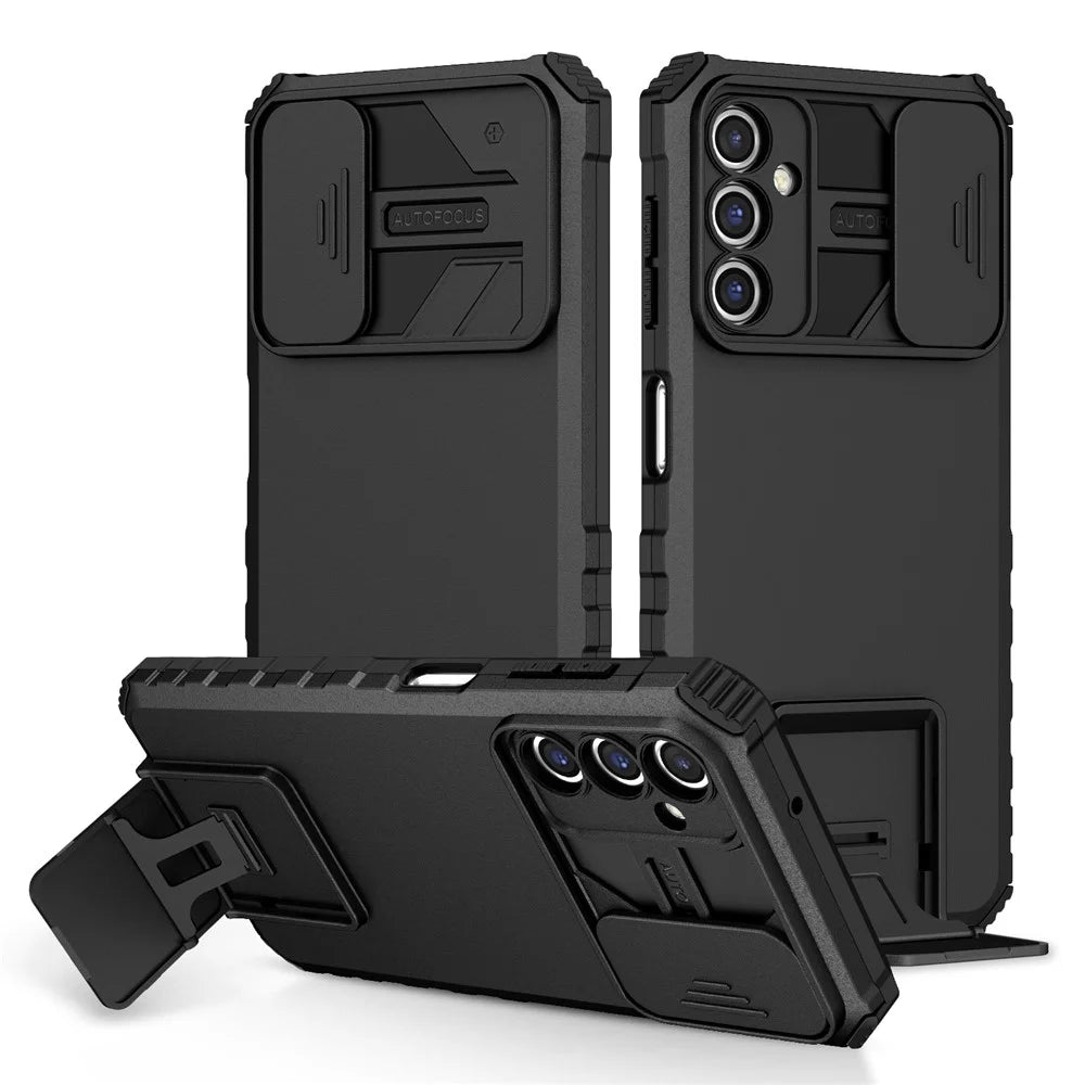 For Samsung Galaxy A14 5G / A14 4G Kickstand Phone Case Slide Camera Protection PC + TPU Cover - Black - 1