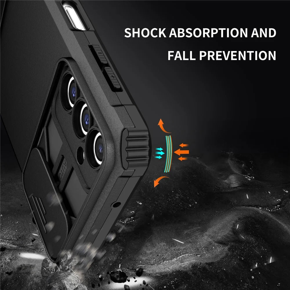 For Samsung Galaxy A14 5G / A14 4G Kickstand Phone Case Slide Camera Protection PC + TPU Cover - Black - 5