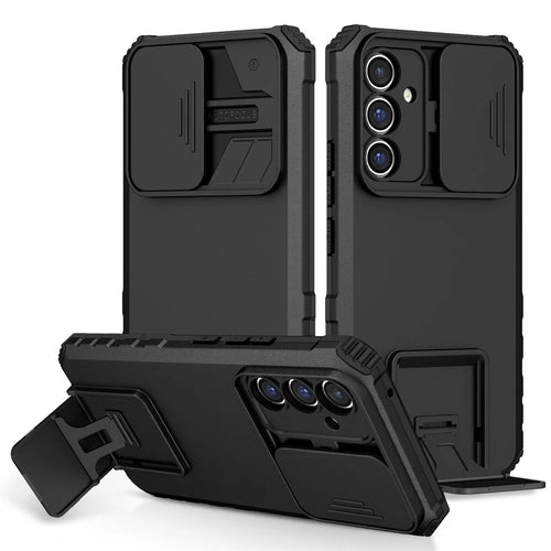 For Samsung Galaxy A54 5G Kickstand Case Anti-scratch PC + TPU Phone Protector with Slide Camera Cover - Black - 1