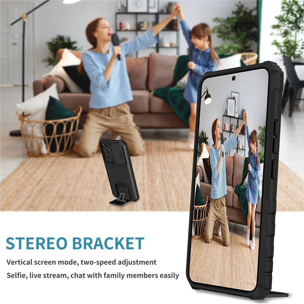 For Samsung Galaxy A54 5G Kickstand Case Anti-scratch PC + TPU Phone Protector with Slide Camera Cover - Black - 7