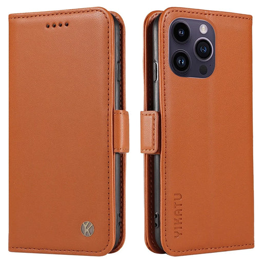 YIKATU YK-003 For iPhone 15 Pro Max PU Leather Wallet Cover Magnetic Clasp Phone  Stand Case - Brown - 1