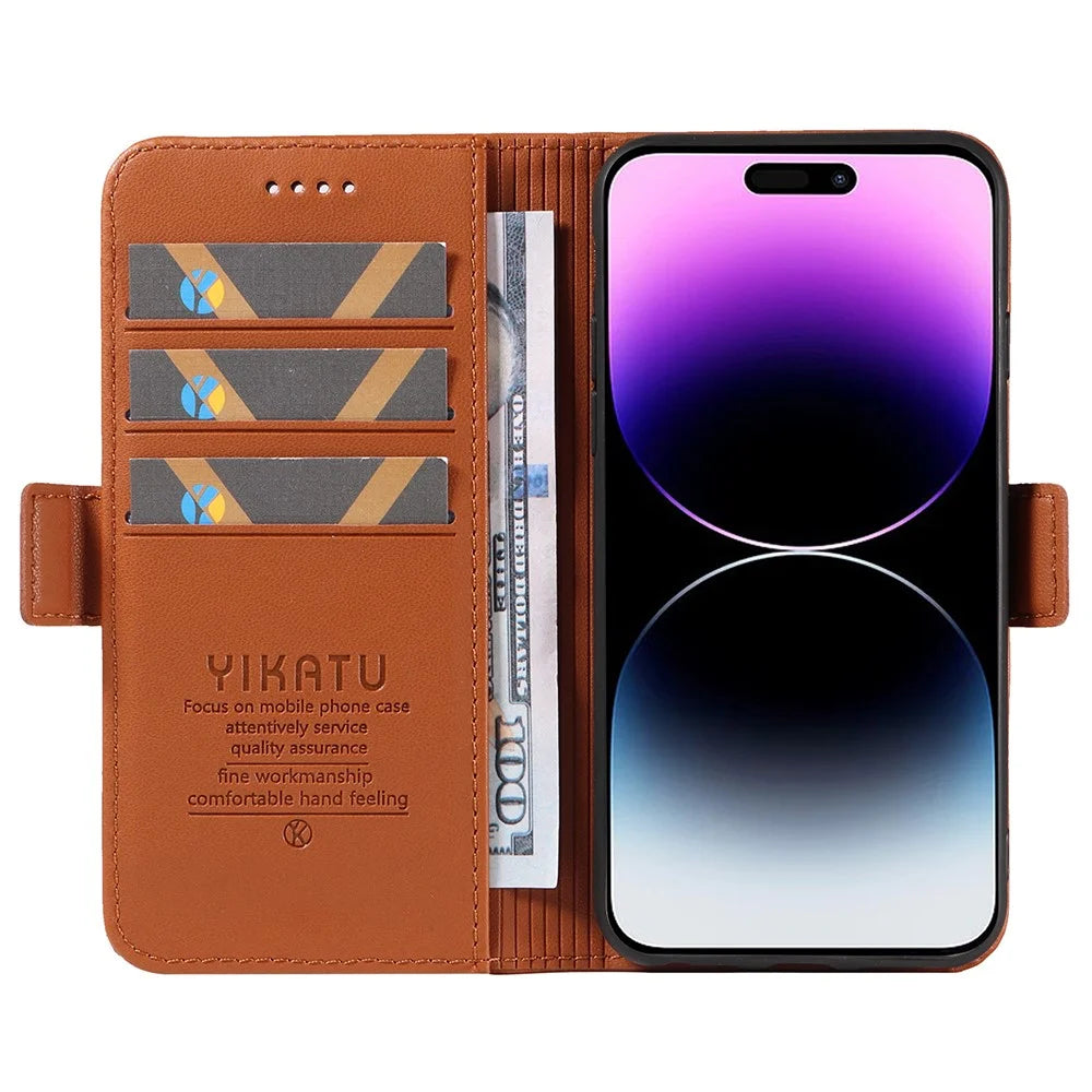 YIKATU YK-003 For iPhone 15 Pro Max PU Leather Wallet Cover Magnetic Clasp Phone  Stand Case - Brown - 2