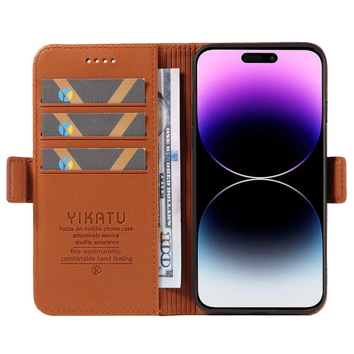 YIKATU YK-003 For iPhone 15 Pro Max PU Leather Wallet Cover Magnetic Clasp Phone  Stand Case - Brown - 2