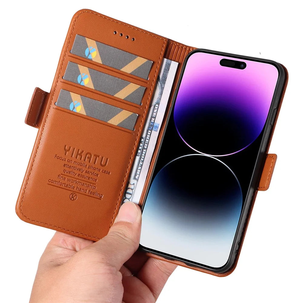 YIKATU YK-003 For iPhone 15 Pro Max PU Leather Wallet Cover Magnetic Clasp Phone  Stand Case - Brown - 5