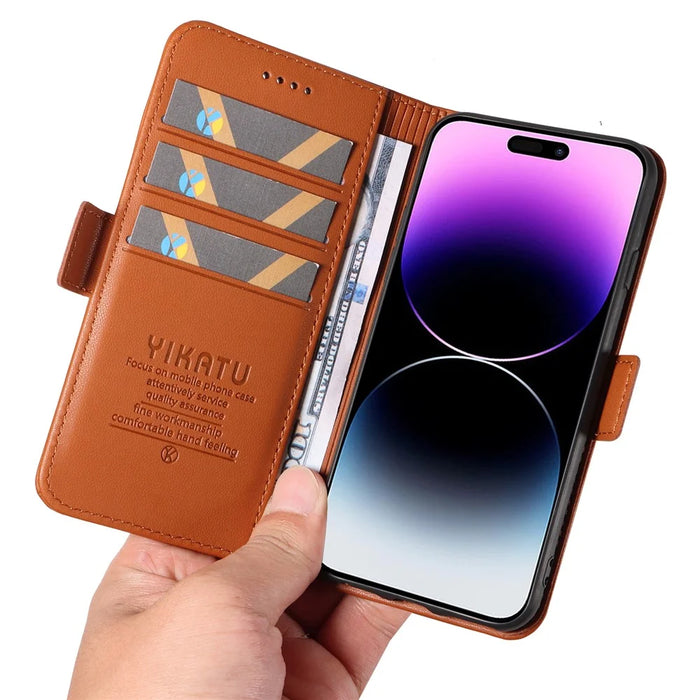 YIKATU YK-003 For iPhone 15 Pro Max PU Leather Wallet Cover Magnetic Clasp Phone  Stand Case - Brown - 5