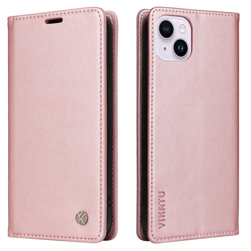 YIKATU YK-001 For iPhone 15 Plus Flip Wallet Case PU Leather Magnetic Auto-absorbed Stand Phone Cover - Rose Gold - 1