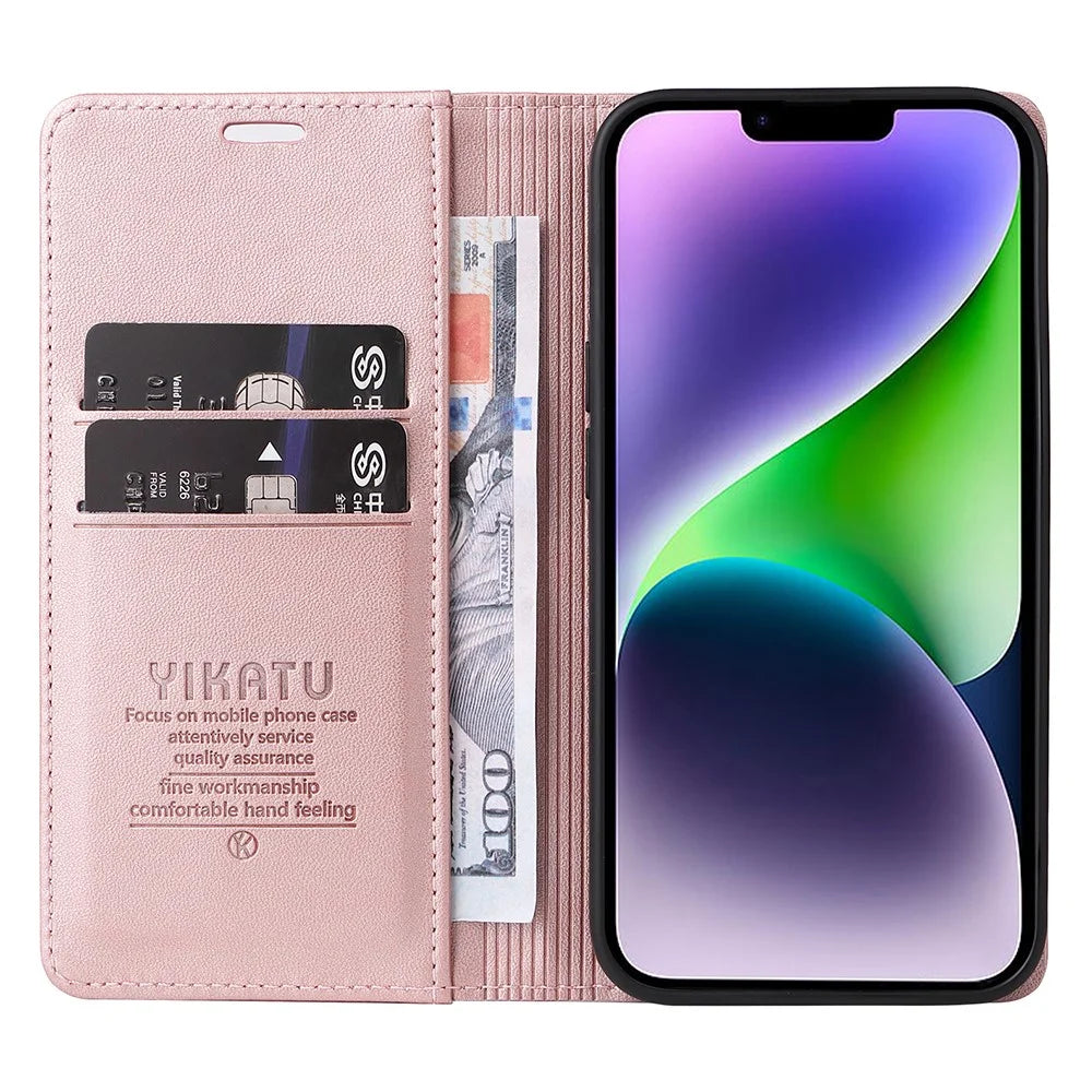 YIKATU YK-001 For iPhone 15 Plus Flip Wallet Case PU Leather Magnetic Auto-absorbed Stand Phone Cover - Rose Gold - 2