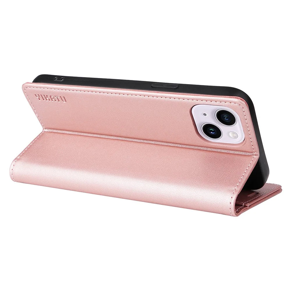 YIKATU YK-001 For iPhone 15 Plus Flip Wallet Case PU Leather Magnetic Auto-absorbed Stand Phone Cover - Rose Gold - 3