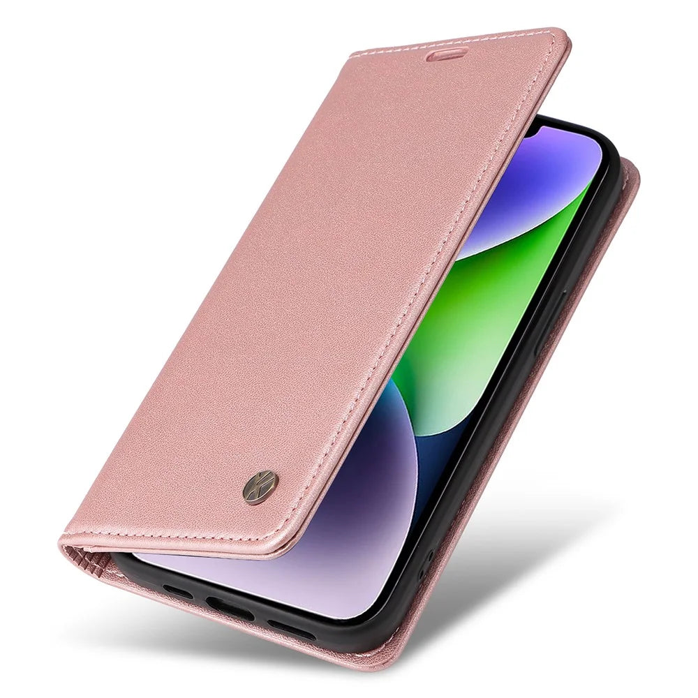 YIKATU YK-001 For iPhone 15 Plus Flip Wallet Case PU Leather Magnetic Auto-absorbed Stand Phone Cover - Rose Gold - 5