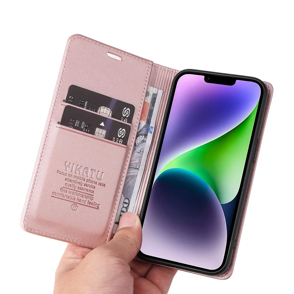 YIKATU YK-001 For iPhone 15 Plus Flip Wallet Case PU Leather Magnetic Auto-absorbed Stand Phone Cover - Rose Gold - 6