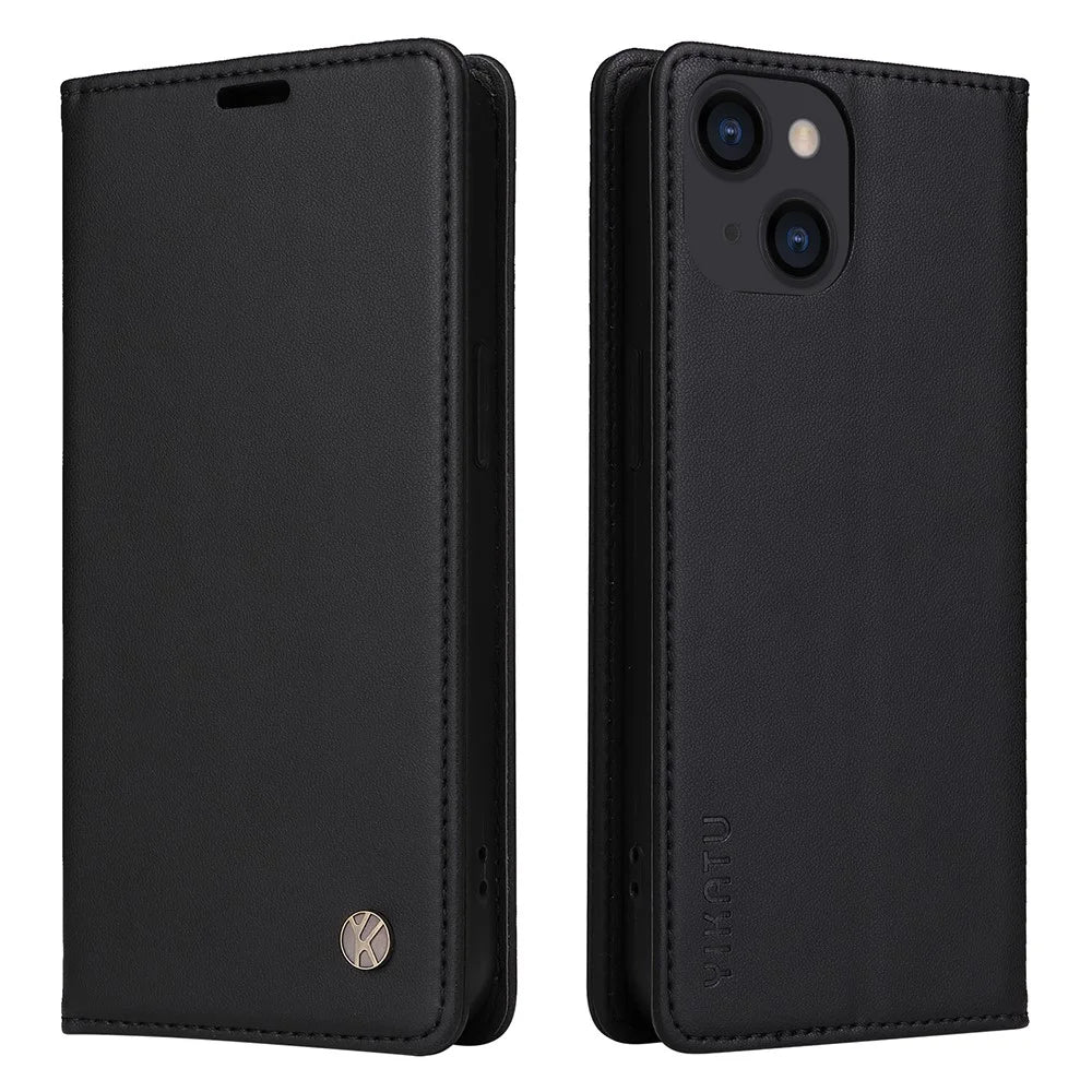 YIKATU YK-001 For iPhone 15 PU Leather Wallet Phone Case Magnetic Auto-absorbed Stand Cover - Black - 1