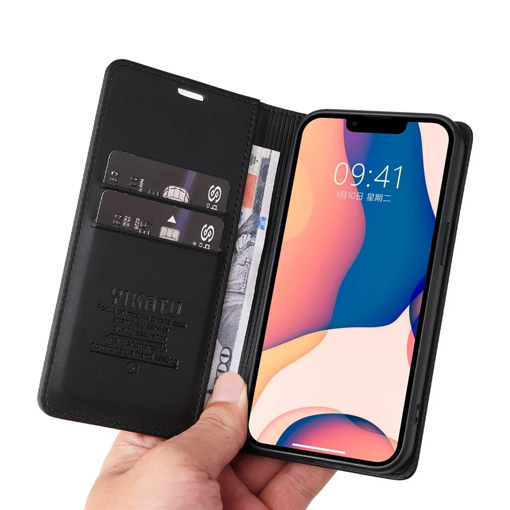 YIKATU YK-001 For iPhone 15 PU Leather Wallet Phone Case Magnetic Auto-absorbed Stand Cover - Black - 6