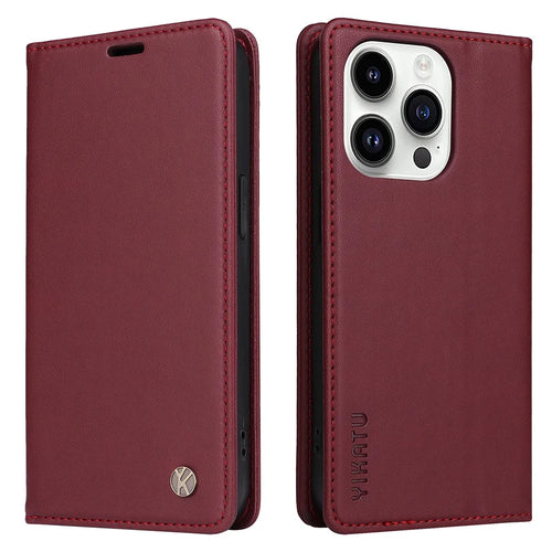 YIKATU YK-001 For iPhone 15 Pro PU Leather Wallet Phone Cover Magnetic Closing Flip Stand Case - Wine Red - 1