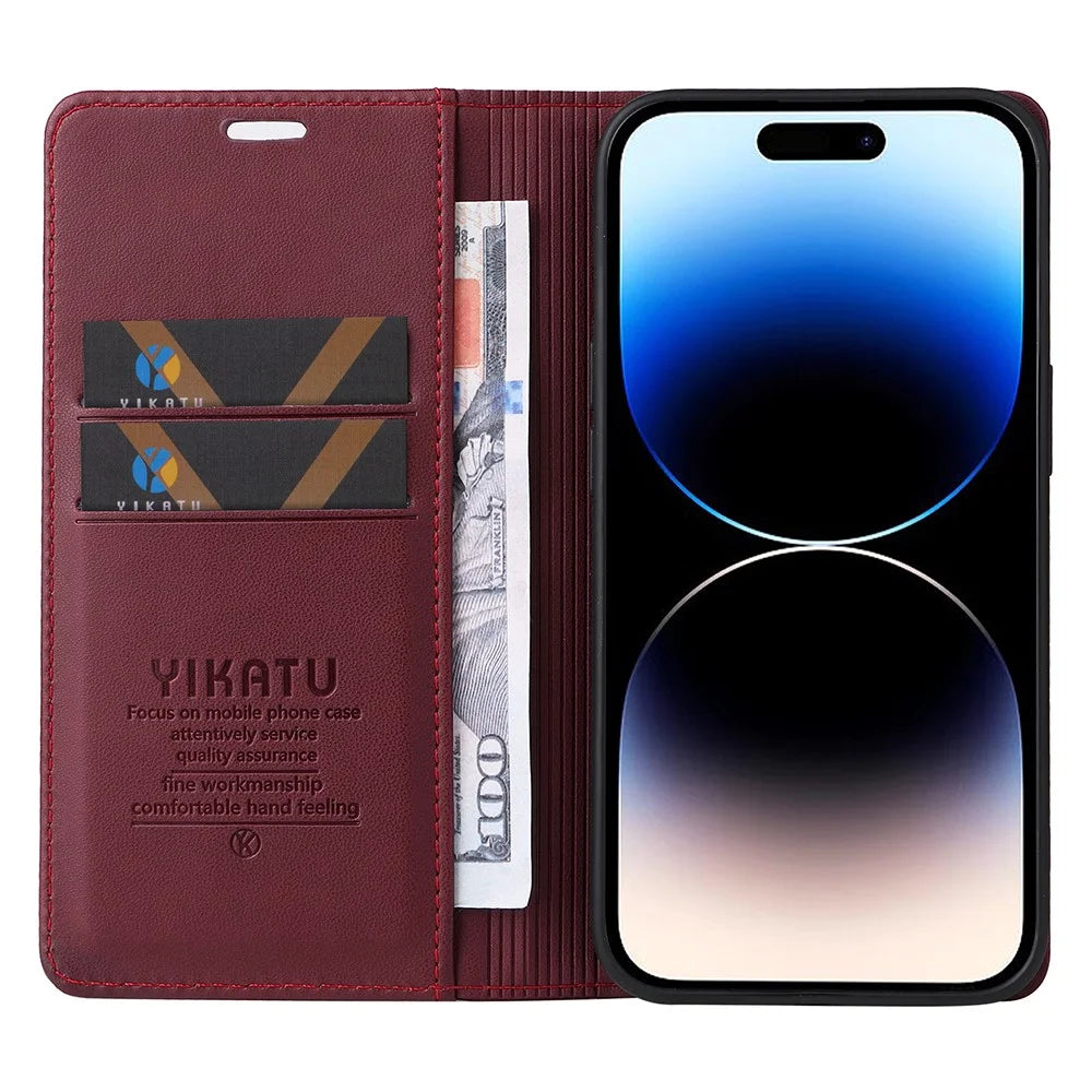 YIKATU YK-001 For iPhone 15 Pro PU Leather Wallet Phone Cover Magnetic Closing Flip Stand Case - Wine Red - 2