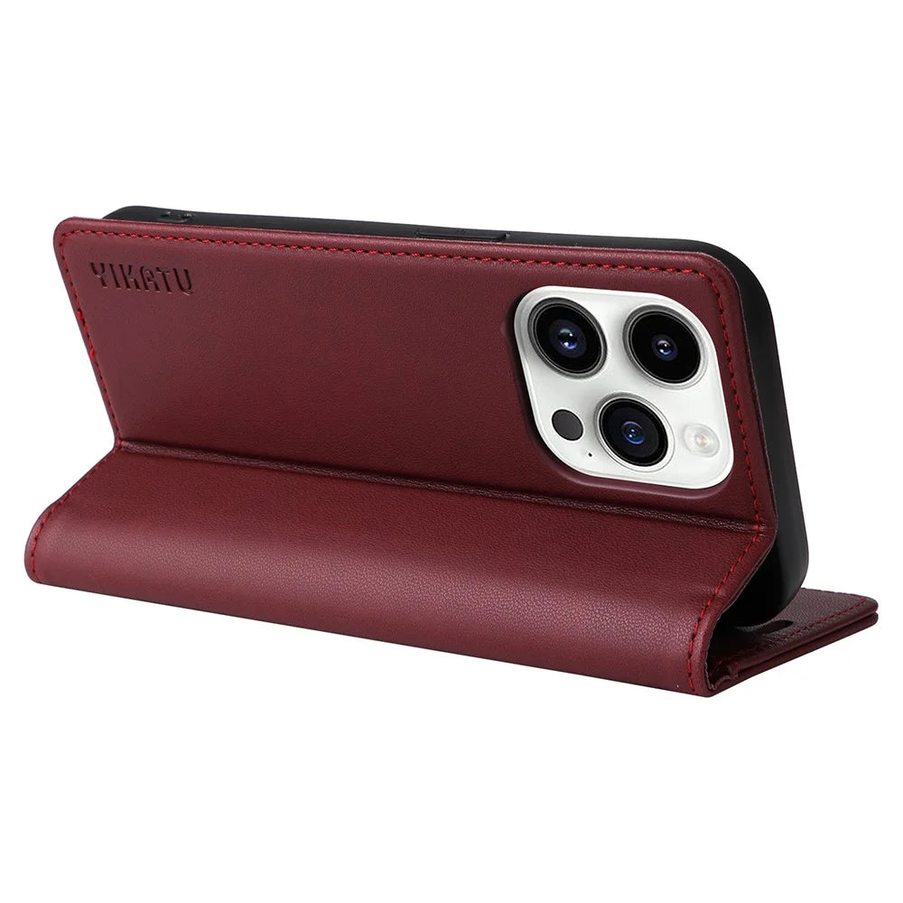 YIKATU YK-001 For iPhone 15 Pro PU Leather Wallet Phone Cover Magnetic Closing Flip Stand Case - Wine Red - 3