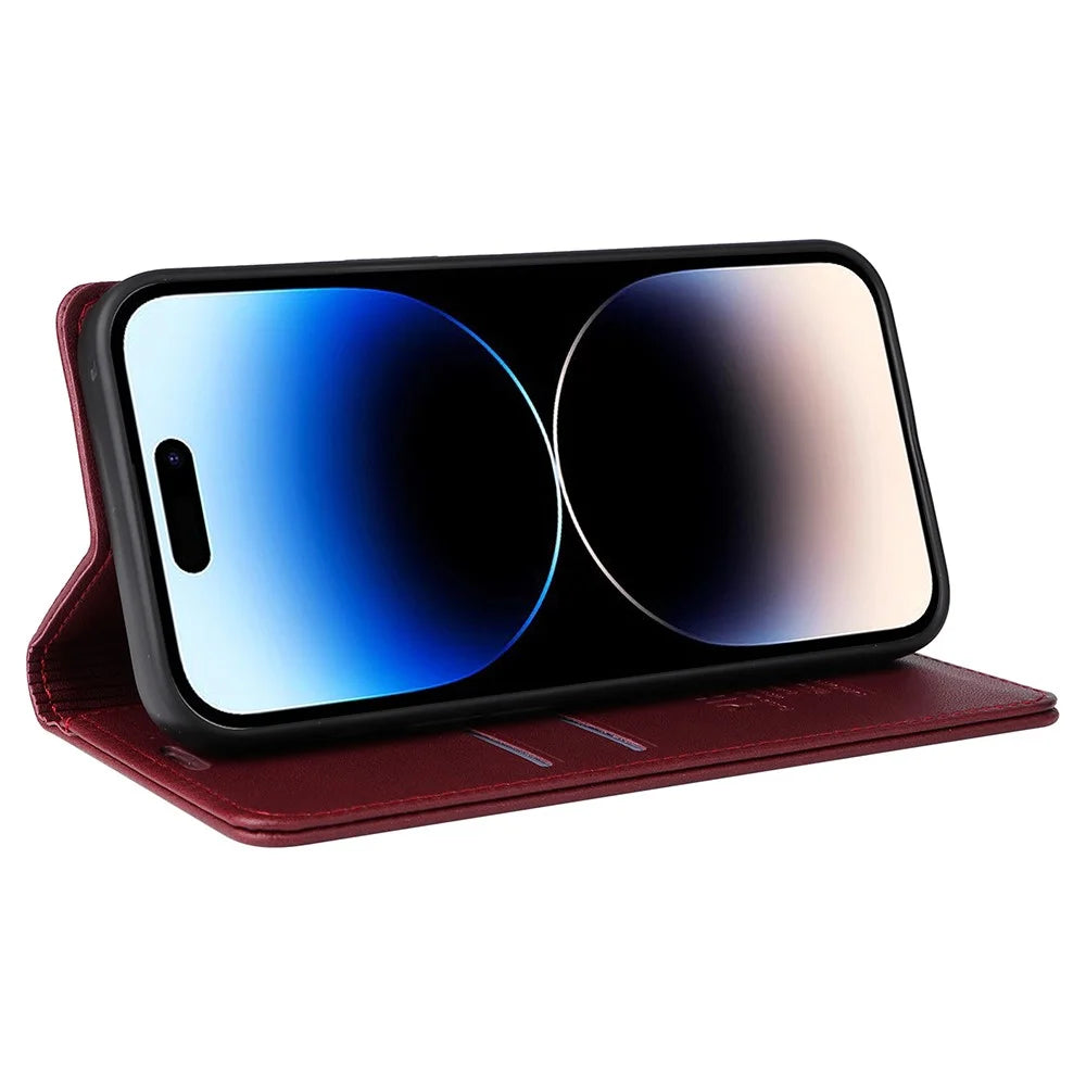 YIKATU YK-001 For iPhone 15 Pro PU Leather Wallet Phone Cover Magnetic Closing Flip Stand Case - Wine Red - 4