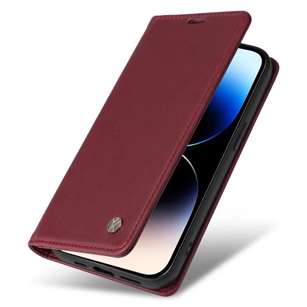 YIKATU YK-001 For iPhone 15 Pro PU Leather Wallet Phone Cover Magnetic Closing Flip Stand Case - Wine Red - 5