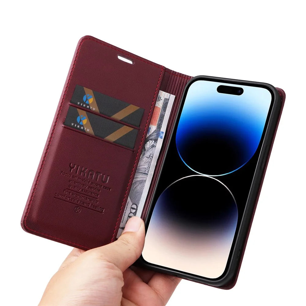 YIKATU YK-001 For iPhone 15 Pro PU Leather Wallet Phone Cover Magnetic Closing Flip Stand Case - Wine Red - 6
