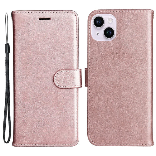 For iPhone 15 Plus Case Solid Color Leather Mobile Cover Wallet Stand with Strap - Rose Gold - 1